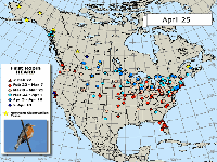 A rmap of  first robin song sightings reported on April 25, 2011, part of  Journey North's permanent database.