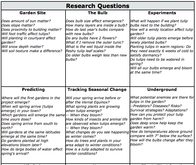 Sample questions for tulip research