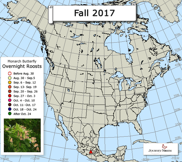 Map of Overnight Roosts in Monarch Butterfly Migration Fall 2017