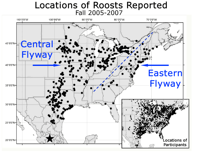 A map showing two flyways of monarch butterflies -- the Central Flyway through states like Missouri and Oklahoma and Texas into Mexico and the other the Eastern Flyway which follows the Atlantic Coast more closely