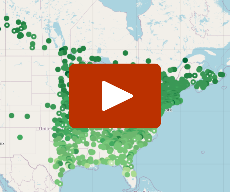 A map of the eastern U.S. with a red play button over it