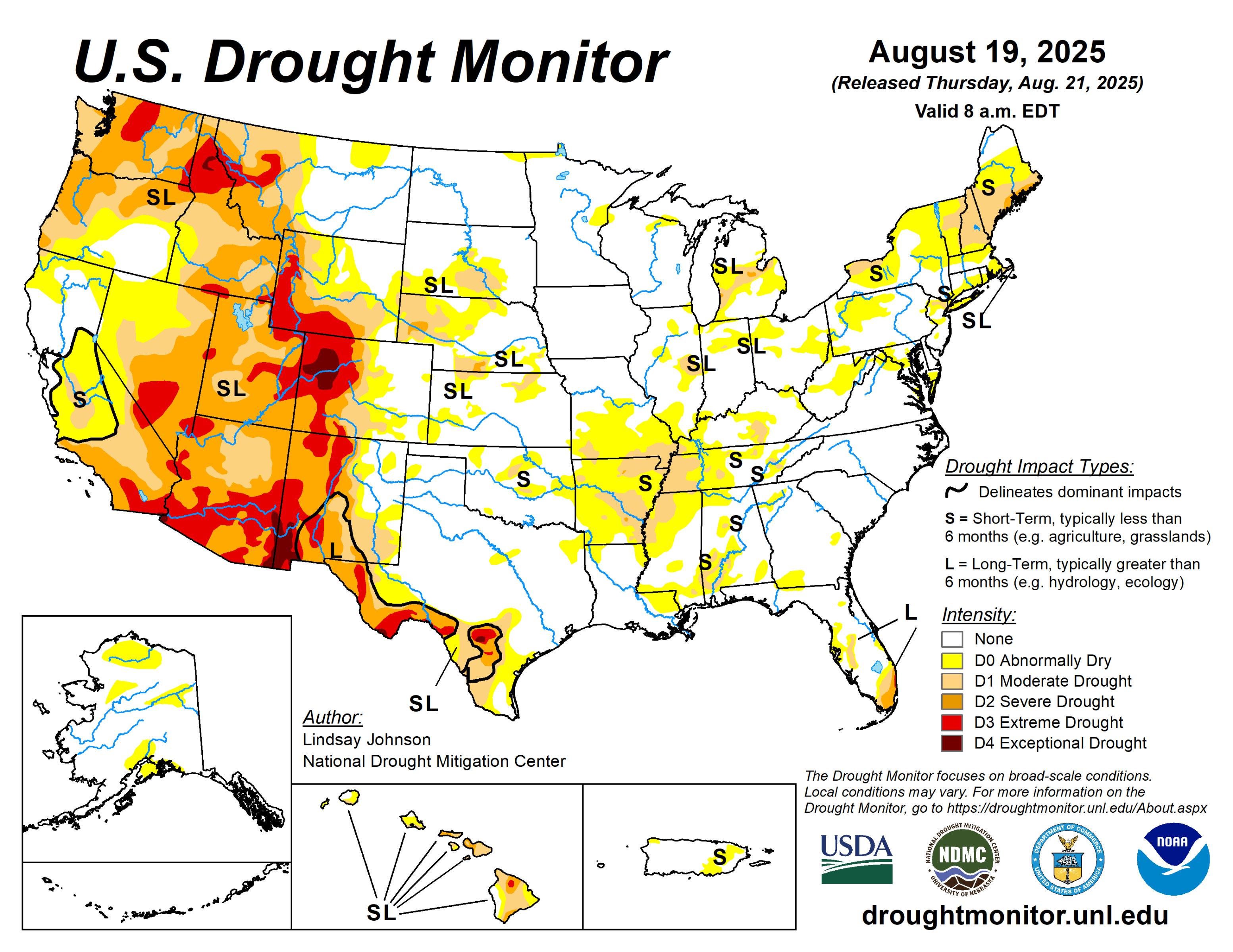 A map of the U.S. showing drought in the west, but limited drought in the eastern U.S.