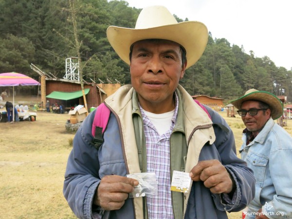 Eduardo Garcia of Piedro Herrada Sanctuary with the two monarch butterfly tags he recovered. 