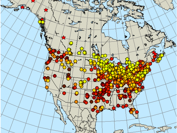 Map showing first sightings of robins in Spring 2017