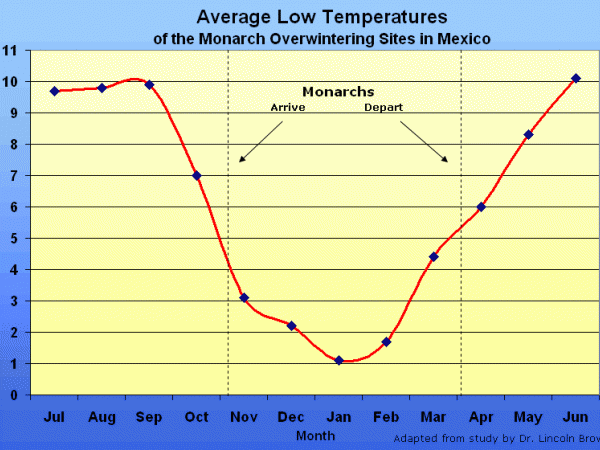 Graph: Temperatures at Monarch Sanctuaries in Mexico