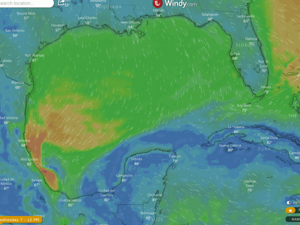 Map showing animated north winds blowing across the Gulf