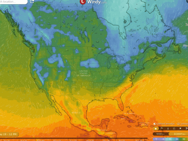 Weather with temperatures and wind of the central North American continent.