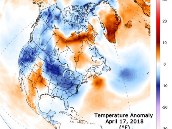 Temperature map showing temp. anomalies.