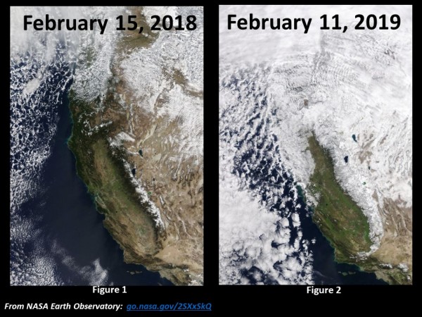 Satellite Images of Snow Pack, Sierra Nevada Mountain Range, CA, February 2018 and February 2019