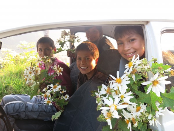 children holding "San Nicolás" flower