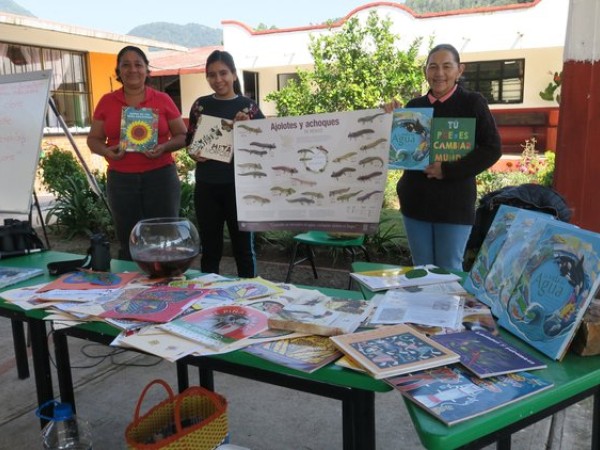 Teachers displaying posters and books about water.