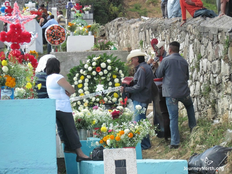 Families gather at the cemetery. Some play live music there, if the beloved relative asked for such celebration. In some parts of Mexico, people stay all night to spend special time with their ancestors.